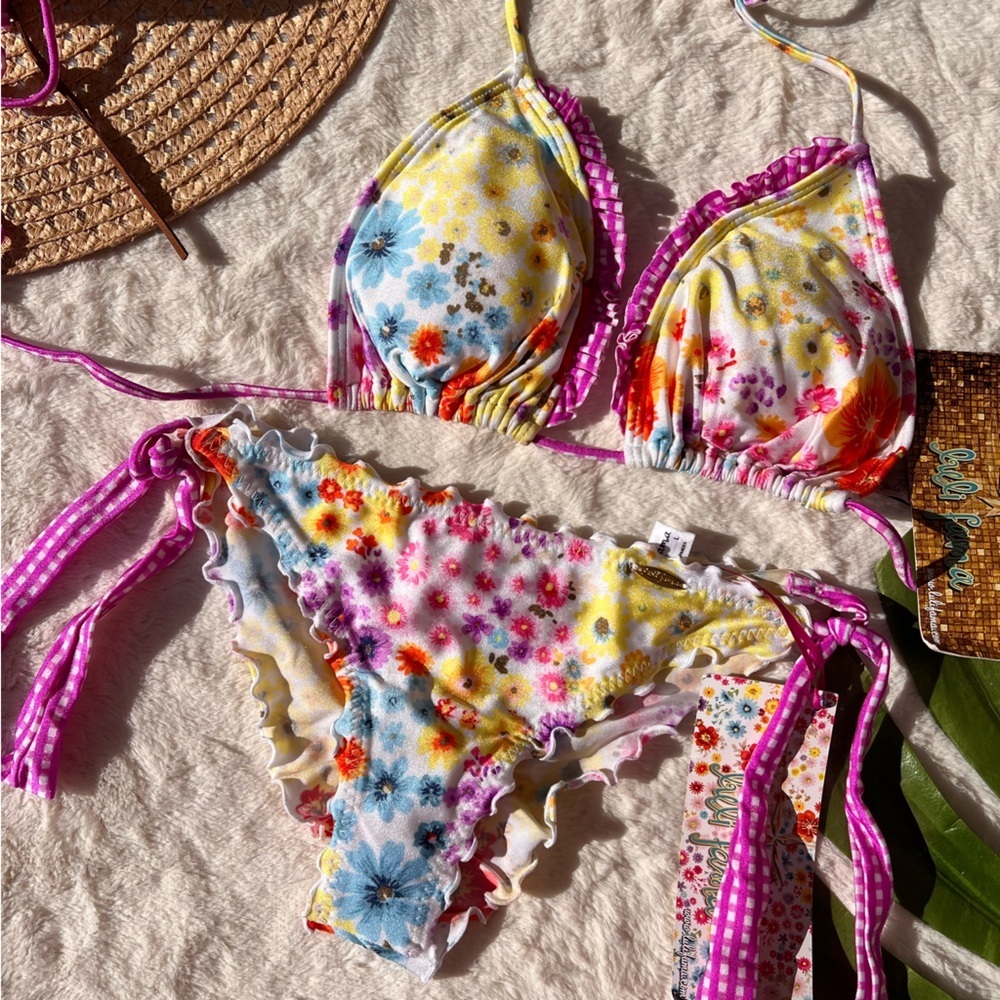 Luli Fama Cha Cha Cha Ruffle Triangle Top and Ruched Wavey Back Bikini Bottom - Picture 2 of 9